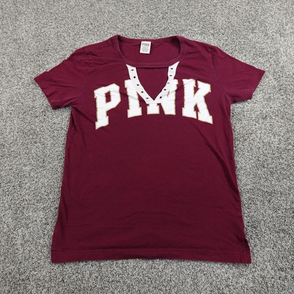 PINK Shirt Womens S Red White Logo Victoria Secret Casual Preppy V Neck Tee Y2K